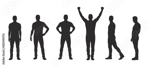 Diverse collection of male silhouettes in various poses, isolated against a clean white background, representing different actions and attitudes.
