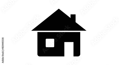 Simple black house icon with chimney and door, representing home, shelter, and real estate