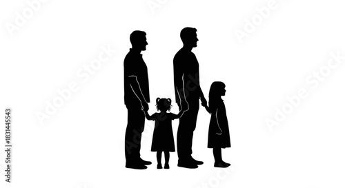 Joyful family bonding, two fathers and daughters holding hands, celebrating love and unity in a modern, inclusive representation.