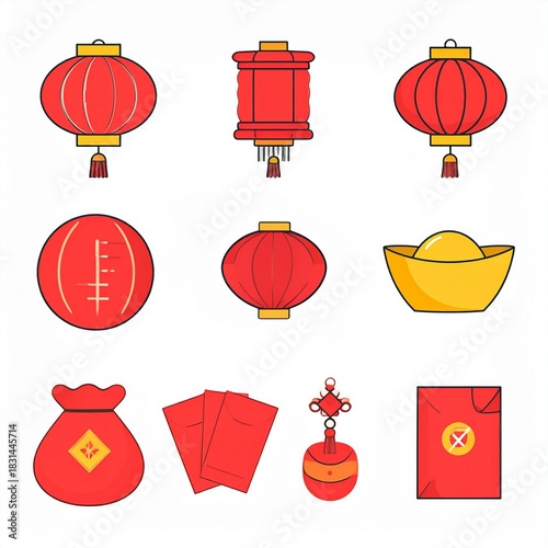 Vibrant Collection of Lunar New Year Celebration Icons, featuring Traditional Red Lanterns, Symbolic Gold Ingots, Lucky Red Envelopes, and Auspicious Prosperity Bags
