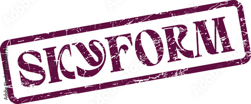 Elegant purple Skyform word mark with a distressed rubber stamp texture on a bright surface