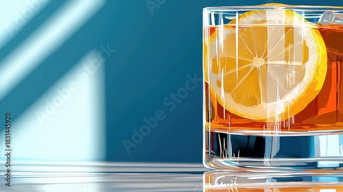 Close-up of a cocktail with a lemon slice in a glass, set against a blue background with shadows. The drink is reflected on a surface, creating a sunny and refr