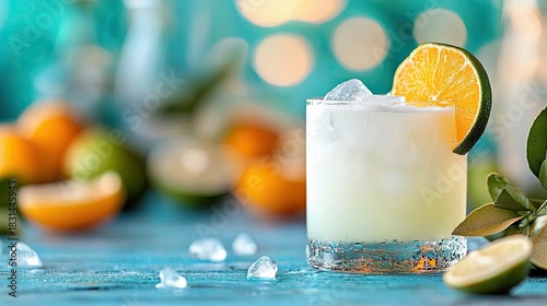 Fototapeta Naklejka Na Ścianę i Meble -  A refreshing cocktail with a lime garnish, ice cubes, and citrus fruits on a blue wooden surface. The background is blurred with bokeh.