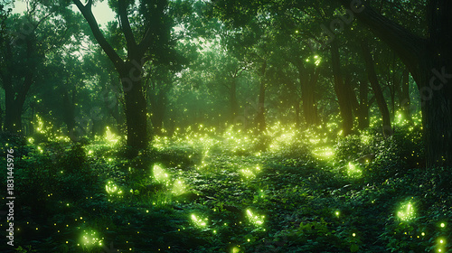 Enchanted forest with glowing foliage and sunlight
