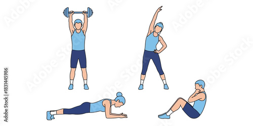 Vector illustration set of athletic people engaged in various workout routines including core strength and flexibility training exercises