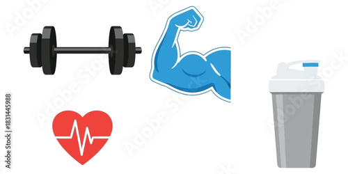 Set of flat fitness and health icons including a dumbbell, flexed bicep, heartbeat, and protein shaker for workout concepts