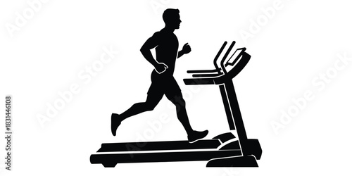 Graphic silhouette of a man running on a treadmill, symbolizing fitness, exercise, and a healthy active lifestyle. Represents indoor training and physical activity
