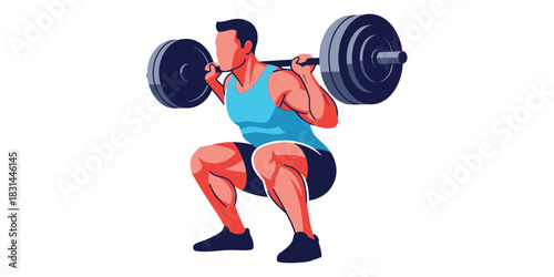 Vector illustration of a strong man performing a heavy barbell squat exercise, isolated on a white background for fitness and gym concepts