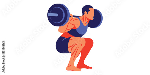 Dynamic illustration of a male athlete performing a barbell back squat, a fundamental strength training exercise for building powerful legs, core, and overall physical fitness