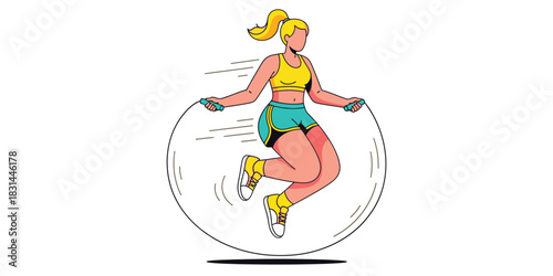 Dynamic vector illustration of a healthy girl doing a jump rope workout for cardiovascular health and fitness