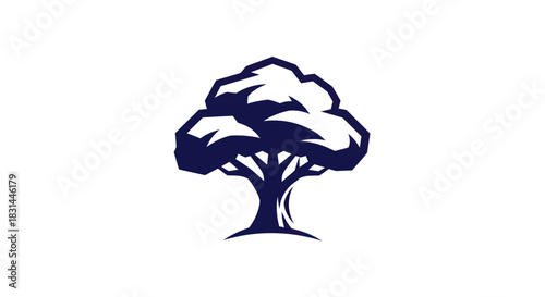 Stylized tree illustration in dark blue on a white background for design