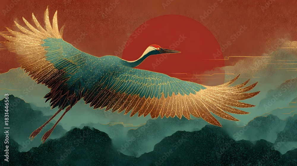 Naklejka premium Japanese Crane Flying Against Red Sun with Mountains and Textured Sky