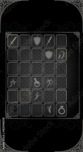 Dark fantasy role playing game inventory interface displaying various item icons within bordered slots