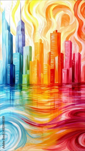 An abstract painting of a cityscape with colorful buildings reflected in water, featuring swirling patterns and a vibrant palette.