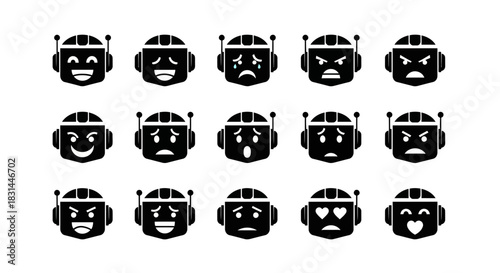 Diverse robot faces showcase a spectrum of emotions from joy and love to anger and sadness, perfect for tech communication