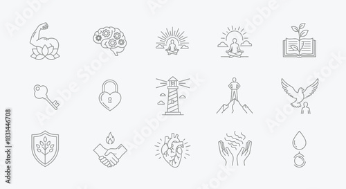 Empowering icons symbolizing strength, intellect, peace, guidance, growth, and well-being for modern concepts