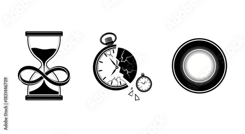 Symbolic representations of time's passage, infinity, and temporal breakdown powerfully conveyed through striking black and white icons.