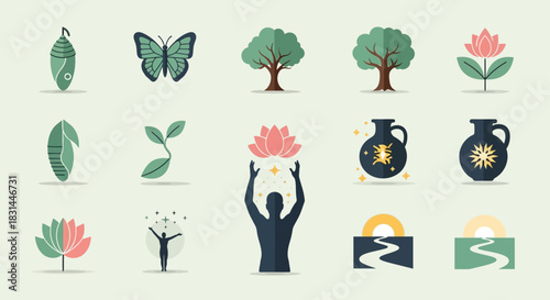 Inspiring collection of icons symbolizing growth, transformation, nature, and spiritual awakening for holistic wellness and personal development branding