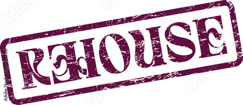 Distressed purple REHOUSE rubber stamp impression with textured worn details