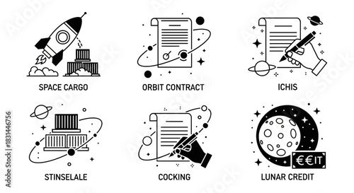 Explore futuristic concepts like space cargo, orbital contracts, and lunar credit with these dynamic, modern icons and illustrations
