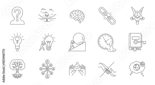 Conceptual icons representing ideas, challenges, teamwork, knowledge, and global thinking for business and innovation projects.