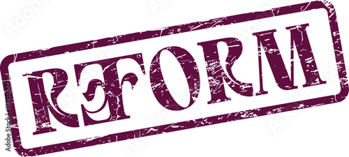 Distressed purple REFORM rubber stamp impression with textured worn details