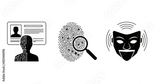 Digital identity verification and data security concepts with biometric analysis and cyber threat detection symbols
