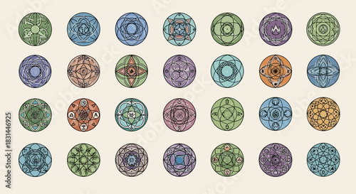 Mystical elemental symbols and sacred geometry circles in vibrant, ethereal color palettes inspire magic and fantasy projects