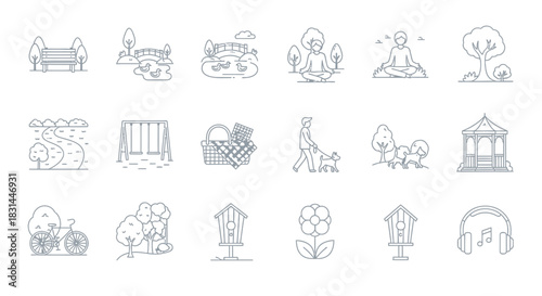 Enjoy serene outdoor park activities with this collection of charming line art icons depicting relaxation, nature, and recreation for your projects.