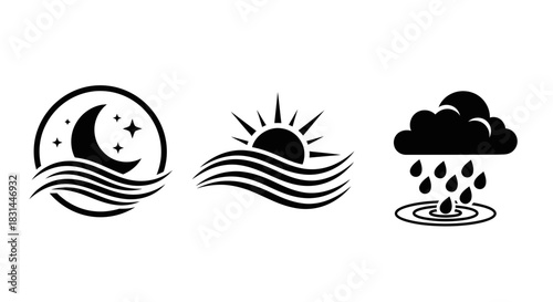Captivating icons representing night sky, sunrise over water, and a rainy cloud symbolizing weather and time cycles.