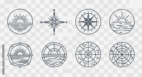 Celestial navigation icons, compass rose, sun over ocean, and constellation charts symbolizing adventure, travel, and discovery