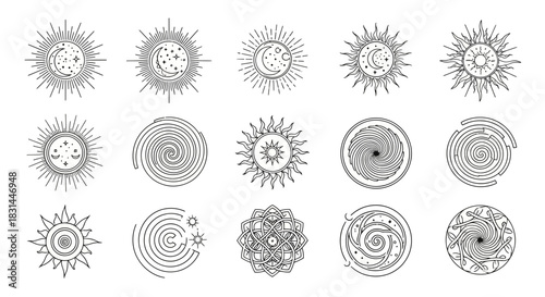 Celestial Sun Moon Stars Swirls and Sacred Geometry Icons for Mystical Branding and Spiritual Design Projects