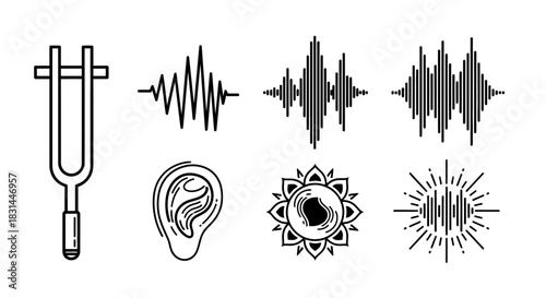 Dynamic sound wave icons and tuning fork for audio science and music production, representing acoustic and sonic concepts visually