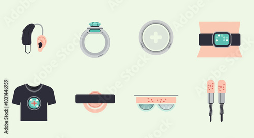 Modern healthcare technology icons for medical innovation and wellness promotion, showcasing devices for hearing, fitness, and personal care