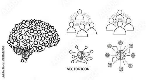 Dynamic neural network brain illustration with interconnected people icons representing collaboration and collective intelligence for innovative ideas
