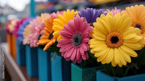 A row of vibrant gerbera daisies in various colors, arranged in blue square pots on a wooden surface. The flowers are in full bloom, creating a cheerful and col
