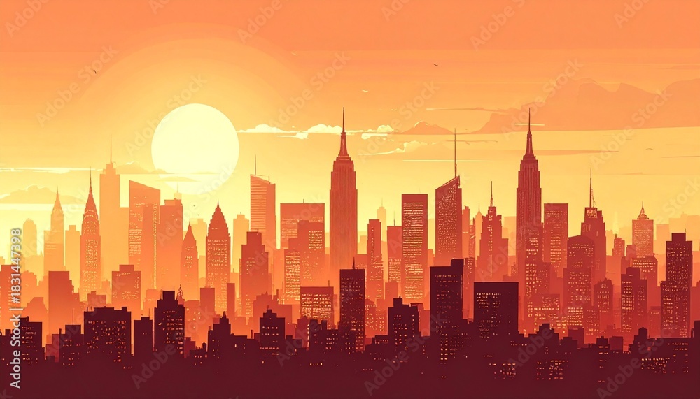 Obraz premium Sunrise over cityscape silhouette.