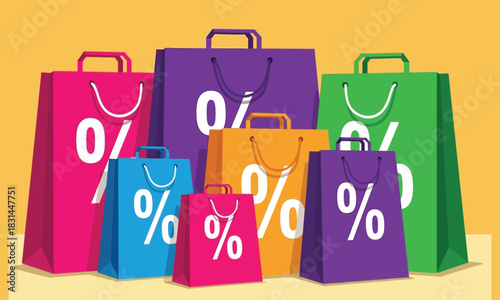 Colorful shopping bags with percentage symbols, perfect for illustrating sales, discounts, and retail promotions