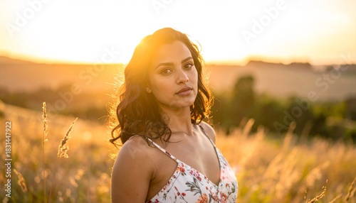 Woman in field at sunset.