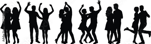 Collection of men and women dance silhouettes, including ballet, tango, salsa, modern, and breakdance poses, representing movement, art, and vibrant performance vector set.