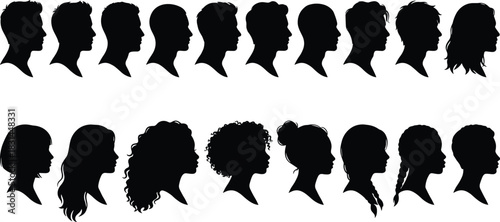 Diverse anonymous people head profile silhouettes collection, men and women face portrait avatars, different hairstyles and ages, vector illustration set.