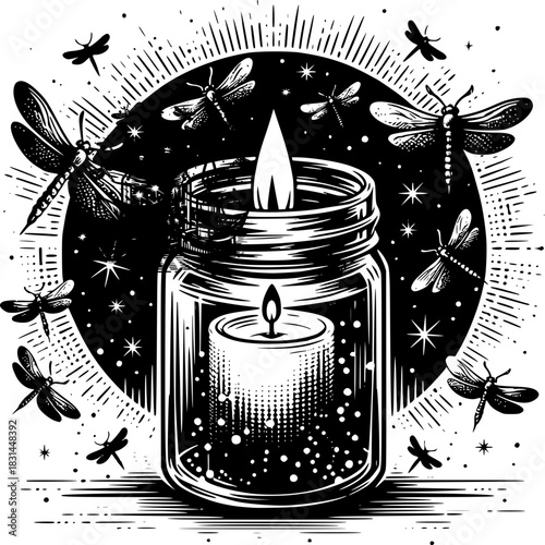 Enchanting Candlelight: A vintage-style illustration showcases a candle burning brightly within a mason jar, surrounded by a swarm of delicate dragonflies under a starlit sky.