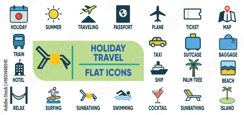 
Holiday icon set. traveling, relaxing, hotel, postcard, sunset, holiday, beach, island, and more. Ideal for apps, websites, dashboards, and travel design