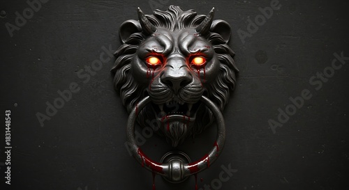 Cryptic Door Knocker Extreme close-up on a lion's head door knocker, its face now morphed into a demonic visage with glowing eyes