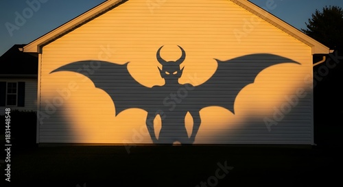 Demon Shadow Silhouette Stock photo of a clean white siding house at sunset, a large, terrifying shadow of a demon with horns and wings