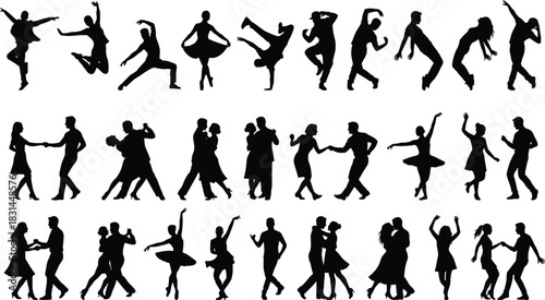 Silhouettes of dancing couples, professional ballet dancers, and diverse men and women performing various artistic dance styles, vector collection on white.