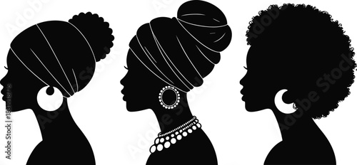 Three black female silhouettes with diverse hairstyles and jewelry
