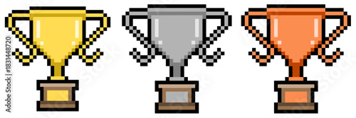 Set Pixel Trophy Gold, Silver, and Bronze Vector Ideal for diverse ranking and gaming awards in an 8-bit aesthetic. Symbolizes success, different levels of achievement, and competition results.