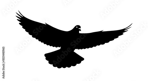 Majestic black silhouette of a dove soaring with wings spread wide in a graceful flight, symbolizing peace and freedom