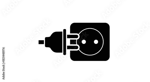 Simple modern black silhouette of a power plug connecting to an electrical socket, representing energy, connection, and technology for modern design.